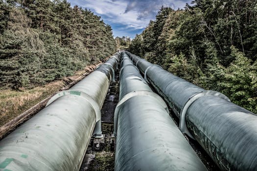View of large industrial pipelines running through a lush forest landscape.